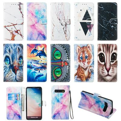 Colored Cat Tiger Owl Dolphin Pattern PU Leather + Soft TPU Card Slots with Stand Wallet Protective Case for Samsung Galaxy S10