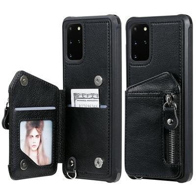 Solid Color Wrist Strap Style Double Buckles with Picture Frame Card Slot and Stand PU Leather Coated Soft TPU Zipper Back Cover Case for Samsung Galaxy S20