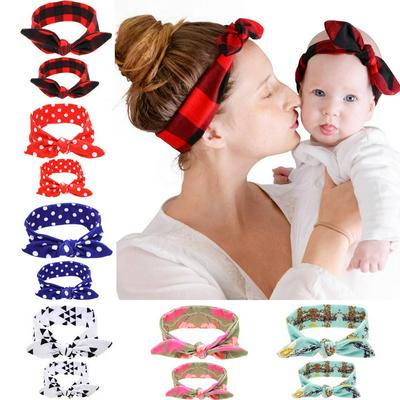 2pcs Cute Floral Print DIY Rabbit Ear Parent-Child Cross Hair Band Set Hair Accessories
