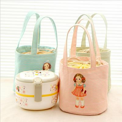 33.5*18.5cm Doll Pattern Thick Warm-Keeping Women Students Cotton Linen + Aluminum Foil Round Thermal Insulated Portable Picnic Tote Lunch Cooler Storage Bag 