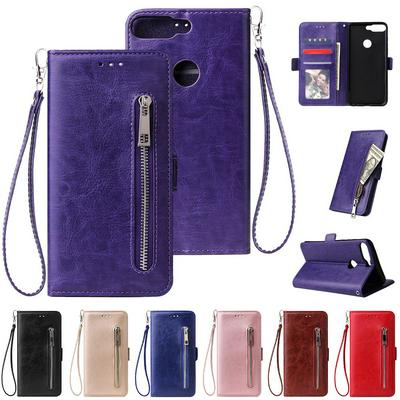 Leather Wallet Case for HUAWEI Honor 7A, Plain Zipper Phone Cover with Wrist Strap