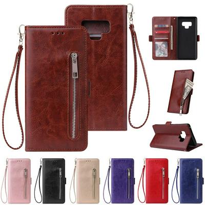 Leather Wallet Case for Samsung Galaxy Note 9, Plain Zipper Phone Cover with Wrist Strap