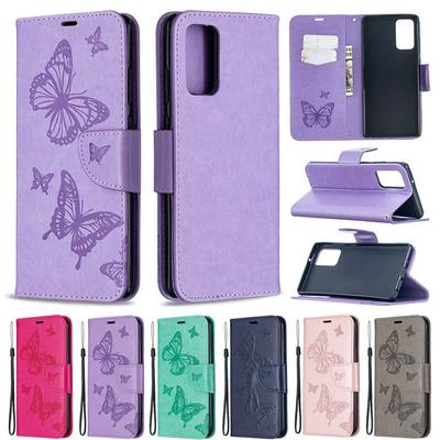 Embossed Two Butterflies Pattern Wrist Strap Style Shockproof Side Flip PU Leather + Soft TPU Card Slots with Magnetic Buckle and Stand Wallet Case for Samsung Galaxy Note20