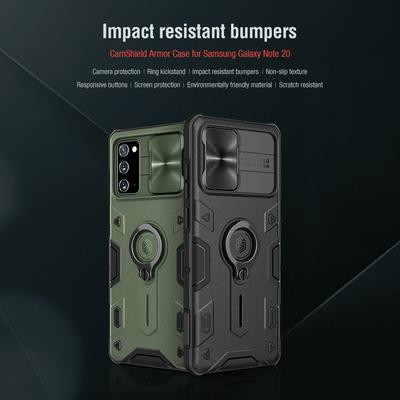 Black Rhino Series Lens Sliding Cover Design Anti-fall Hard PC + TPU Back Cover Phone Case with Invisible Ring Kickstand for Samsung Galaxy Note20