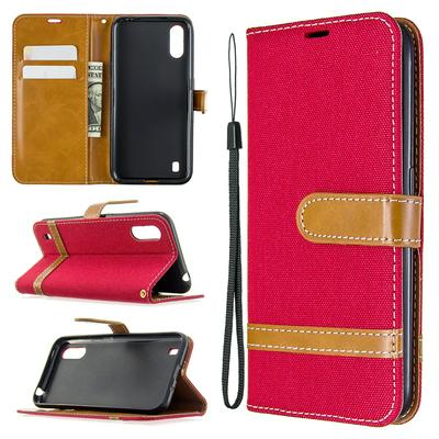 Stitching Color Denim Wrist Strap Side Flip Shockproof PU Leather + Soft TPU Card Slots with Magnetic Buckle and Stand Wallet Case for Samsung Galaxy A01