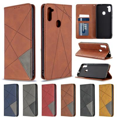 Rhombus Pattern Anti-Fall Side Flip PU Leather + Soft TPU Picture Frame Stand with Magnetic Closure and Card Slot Wallet Case for Samsung Galaxy A11
