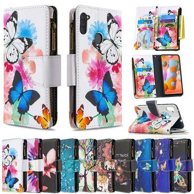 Colored Painting Wrist Strap Style Shock-Absorption Side Flip PU Leather + Soft TPU Card Slots with Magnetic Buckle and Stand Zipper Wallet Case for Samsung Galaxy A11
