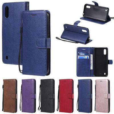 Solid Color Wrist Strap Style Shockproof Side Flip PU Leather + Soft TPU Card Slots with Magnetic Buckle and Stand Wallet Case for Samsung Galaxy A01