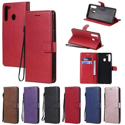 Solid Color Wrist Strap Style Shockproof Side Flip PU Leather + Soft TPU Card Slots with Magnetic Buckle and Stand Wallet Case for Samsung Galaxy A21
