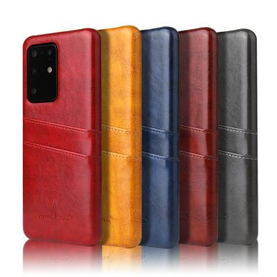 FIERRE SHANN Oil Wax Pattern Anti-Drop PU Leather Coated Hard PC with Card Holders Back Cover Shell for Samsung Galaxy S20 Ultra