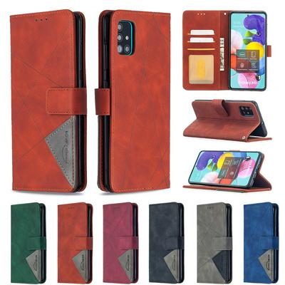 BF05 Style Stitching Color Rhombus Pattern PU Leather + Soft TPU Mganetic Buckle Card Slots with Magnetic Buckle and Stand Wallet Case for Samsung Galaxy A51