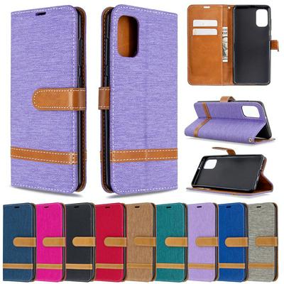 Stitching Color Denim Cloth Shock-Absorption Side Flip PU Leather + Soft TPU Card Slots with Magnetic Buckle and Stand Wallet Case for Samsung Galaxy A41