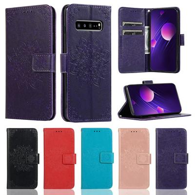 Embossed Wallet Case for Samsung Galaxy S10 5G, Plain Leather Coated Phone Cover with Hidden Kickstand and Lanyard