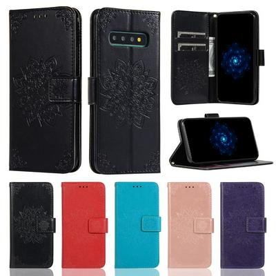 Embossed Wallet Case for Samsung Galaxy S10, Plain Leather Coated Phone Cover with Hidden Kickstand and Lanyard