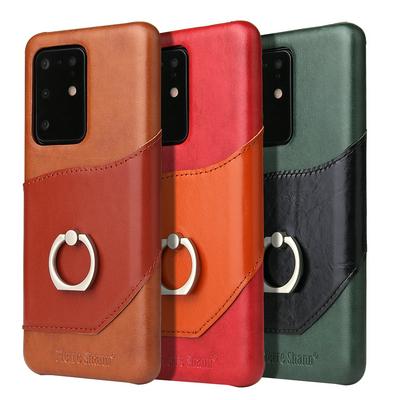 FIERRE SHANN Knight Series Kickstand Card Slot Genuine Leather Coated Hard PC Back Cover Case for Samsung Galaxy S20 Ultra
