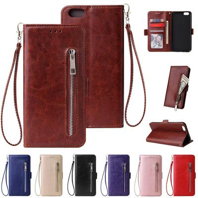 Leather Wallet Case for iPhone 6 Plus/6s Plus, Plain Zipper Phone Cover with Wrist Strap