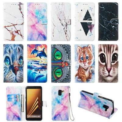 Colored Cat Tiger Owl Dolphin Pattern PU Leather + Soft TPU Card Slots with Stand Wallet Protective Case for Samsung Galaxy A8 (2018) / A530