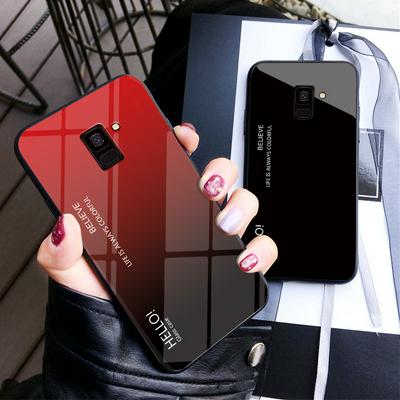 Luxury Gradient Bi-Color 9H Explosion-Proof Anti-Scratch Tempered Glass Back + Soft TPU Bumper Frame Support Wireless Charging Back Cover Case for Samsung Galaxy J8 2018