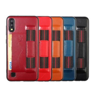Back Card Slot Phone Case for Samsung Galaxy M10 , Leather Coated Soft TPU Phone Cover With Hand Strap