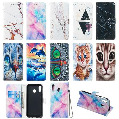 Colored Cat Tiger Owl Dolphin Pattern PU Leather + Soft TPU Card Slots with Stand Wallet Protective Case for Samsung Galaxy M20 