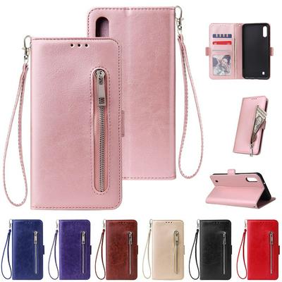 Leather Wallet Case for Samsung Galaxy M10, Plain Zipper Phone Cover with Wrist Strap