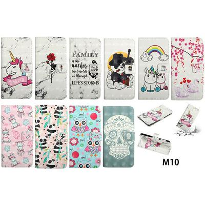 Swan Panda Pegasus Owl Rose Pattern PU Leather + Soft TPU with Picture Frame Stand Support and Card Slots Wallet Cover Case for Samsung Galaxy M10 