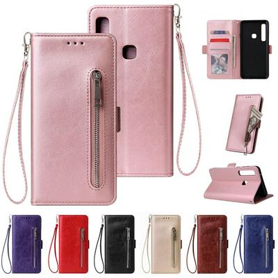 Leather Wallet Case for Samsung Galaxy A9 2018, Plain Zipper Phone Cover with Wrist Strap