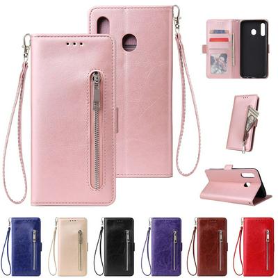 Leather Wallet Case for Samsung Galaxy M20, Plain Zipper Phone Cover with Wrist Strap