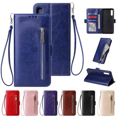 Leather Wallet Case for Samsung Galaxy A70, Plain Zipper Phone Cover with Wrist Strap
