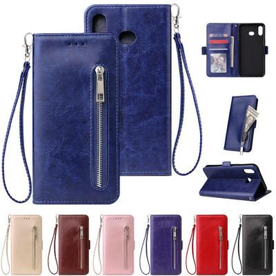 Wrist Strap PU Leather + TPU with Zipper Card Slots Wallet and Stand Picture Frame Cover Case for Samsung Galaxy A6s
