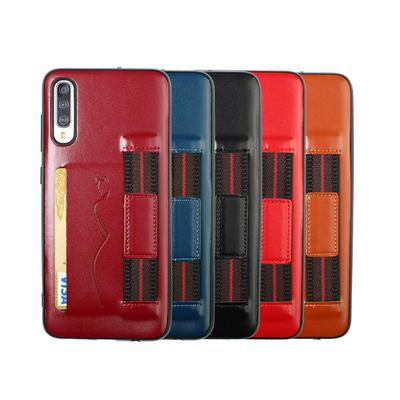 Back Card Slot Phone Case for Samsung Galaxy A70, Leather Coated Soft TPU Phone Cover With Hand Strap
