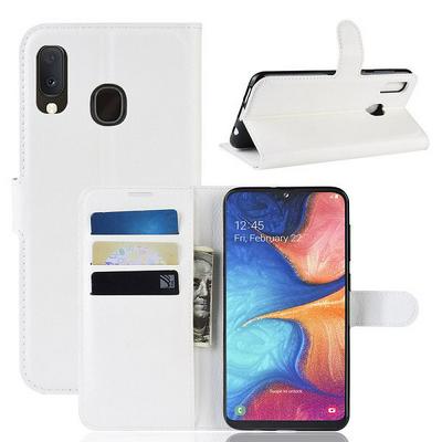 Lichee Pattern Side Flip Wallet Style PU Leather + Soft TPU Card Holder with Stand and Magnetic Buckle Case for Samsung Galaxy A20e