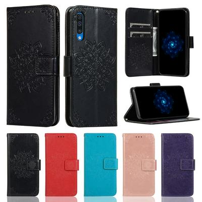 Embossed Wallet Case for Samsung Galaxy A50, Plain Leather Coated Phone Cover with Hidden Kickstand and Lanyard