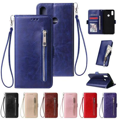 Leather Wallet Case for HUAWEI P smart+, Plain Zipper Phone Cover with Wrist Strap