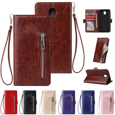 Leather Wallet Case for Samsung Galaxy J7 Pro, Plain Zipper Phone Cover with Wrist Strap