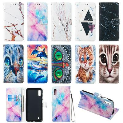 Colored Cat Tiger Owl Dolphin Pattern PU Leather + Soft TPU Card Slots with Stand Wallet Protective Case for Samsung Galaxy M10