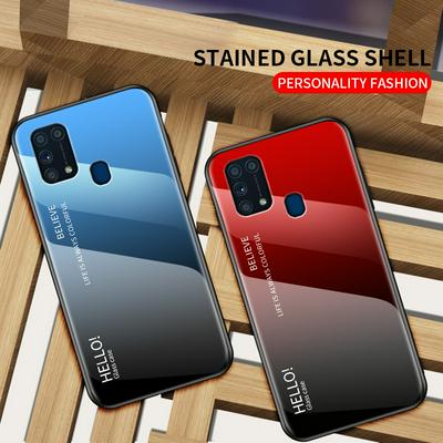 Luxury Gradient Bicolor 9H Explosion-Proof Anti-Scratch Tempered Glass Back + Soft TPU Bumper Frame Support Wireless Charging Back Cover Case for Samsung Galaxy M31