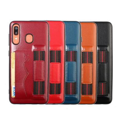 Back Card Slot Phone Case for Samsung Galaxy A30, Leather Coated Soft TPU Phone Cover With Hand Strap