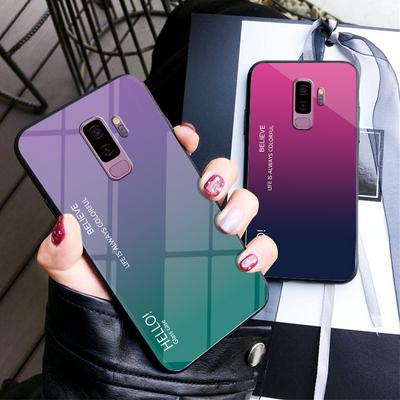 Luxury Gradient Bicolor 9H Explosion-Proof Anti-Scratch Tempered Glass Back + Soft TPU Bumper Frame Support Wireless Charging Back Cover Case for Samsung Galaxy S9 
