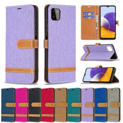For Samsung Galaxy A22 5G Color Block Denim Cloth PU Leather Wallet Phone Case with Card Slots&Stand 