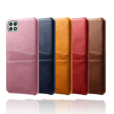 For Samsung Galaxy A22 4G European Version Extra Thinness Premium Cowhide Leather Double Card Holster Hard PC Back Cover Case