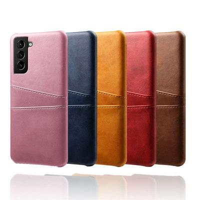 For Samsung Galaxy S21 FE Extra Thinness Premium Cowhide Leather Double Card Holster Hard PC Back Cover Case