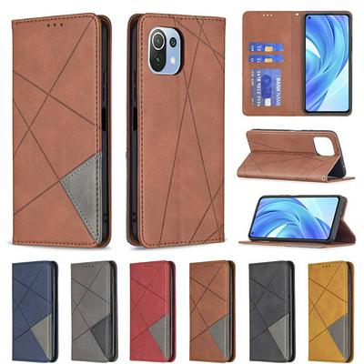 For Xiaomi Mi 11 Lite Rhombus Magnetic Closure Shockproof PU Leather + TPU Wallet Case with Card Slots Kickstand 