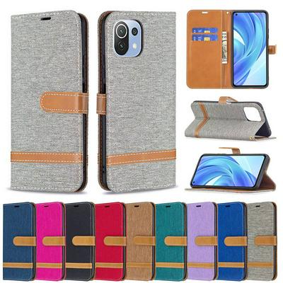 For Xiaomi Mi 11 Lite Color Block Denim Cloth PU Leather Wallet Phone Case with Card Slots&Stand 