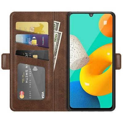 For Samsung Galaxy M32 Double Buckle Wallet Style Folio Flip Leather Case with Stand and Card Slots Function