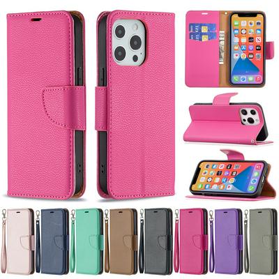 For iPhone 13 Pro Solid Color Lychee Pattern Flip Leather Case with Wrist Strap & Stand Function