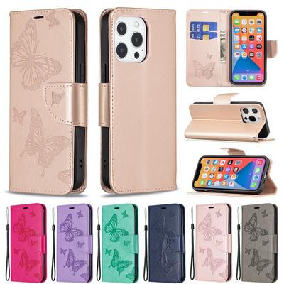 For iPhone 13 Pro Embossed Double Butterfly Wallet Leather Case with Stand & Card Slots Function