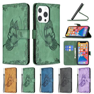 For iPhone 13 Pro Embossed Flying Butterflies Scratch Resistant Wallet Leather Case with Stand Function