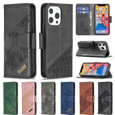 For iPhone 13 Pro Colorblock Crocodile Pattern Scratch Resistant PU Leather Wallet Phone Case with Stand &Card Slots 