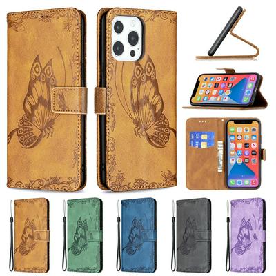 For iPhone 13 Pro Max Embossed Flying Butterflies Scratch Resistant Wallet Leather Case with Stand Function